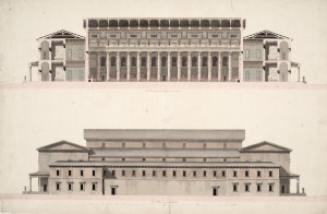 Längsschnitt und Seitenansicht | unsigniert, undatiert (Friedrich Weinbrenner, 1792/97) | Tusche, Aquarellfarben auf Papier, 60,4 × 92,6 cm | KIT, Südwestdeutsches Archiv für Architektur und Ingenieurbau, Weinbrenner 13 